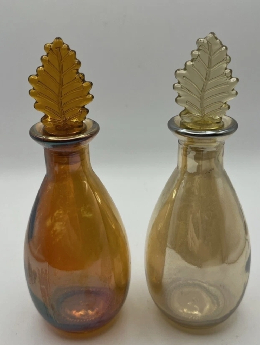 Pair of Leaf-Top Glass Perfume Bottles - Amber & Pale Gold